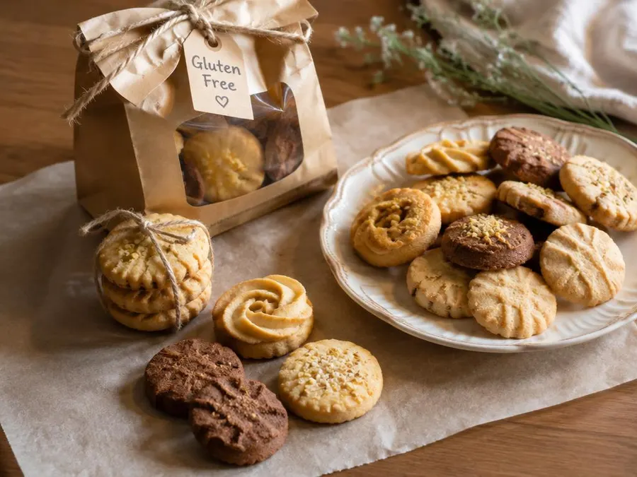 Biscoitos caseiros sem glúten em um prato e em um saquinho de papel