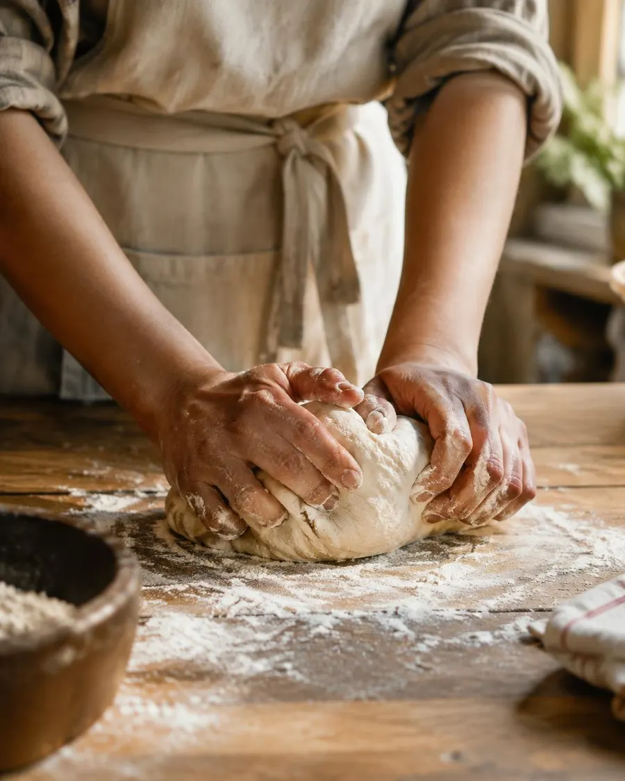 Fundadora da Santo Alimento sovando massa em uma bancada de madeira