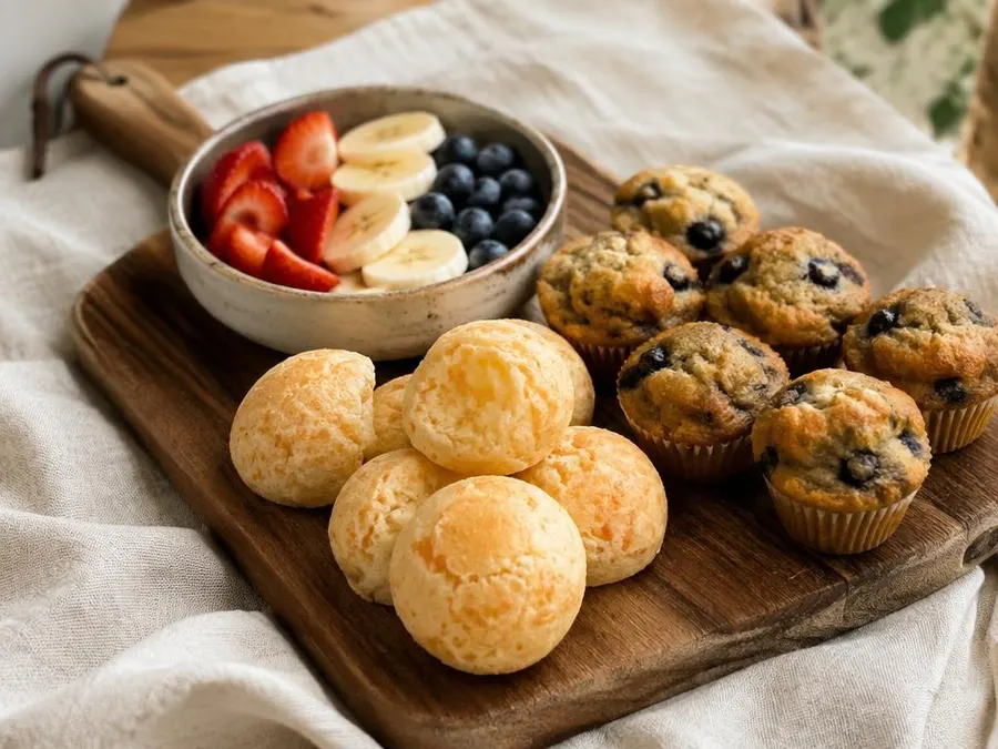 Pães de queijo, muffins e frutas em uma tábua de madeira