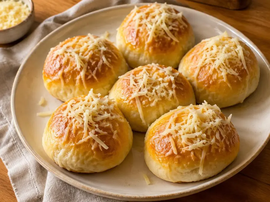 Pãezinhos delícia dourados com queijo ralado em um prato de cerâmica