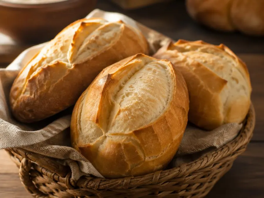Pães franceses de casca crocante em uma cesta de palha